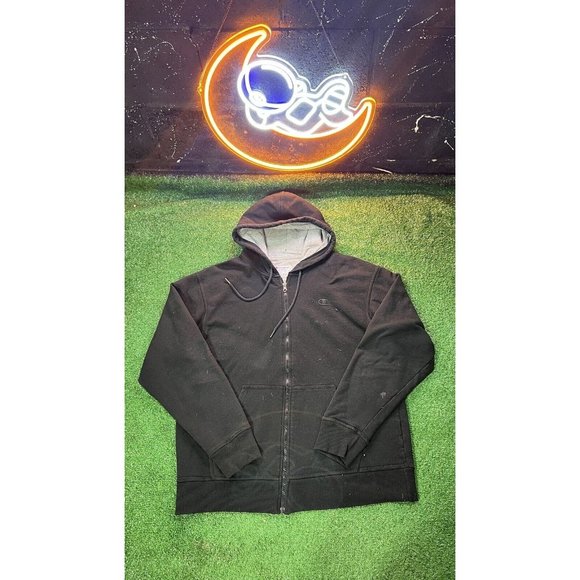 Champion Reverse Weave Black Distressed Full Zip Up Hoodie‎ Sweatshirt Sz Large - Picture 1 of 5